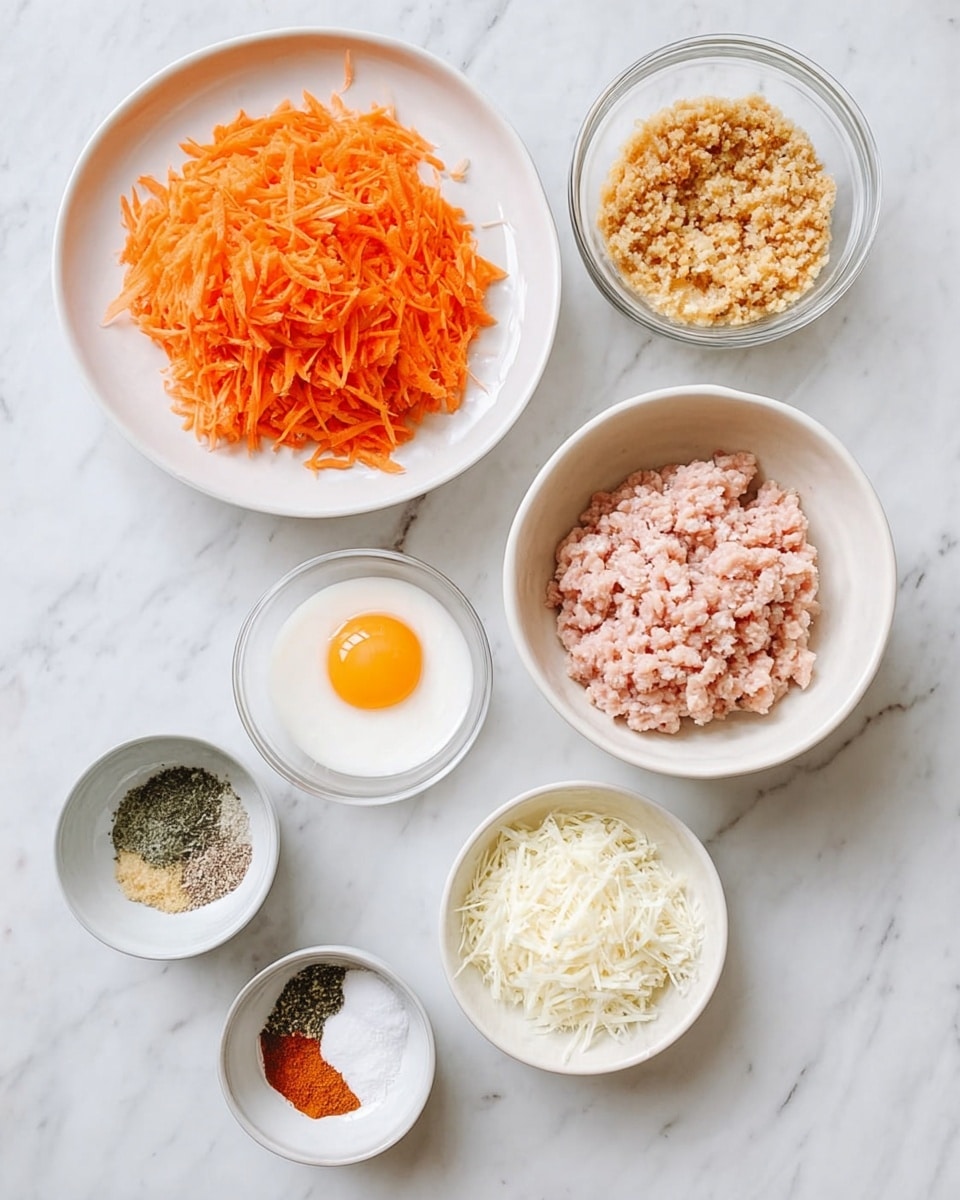 The image shows six bowls with cooking ingredients on a white marbled surface. In the middle right is a white bowl with light pink ground meat. Above it is a clear bowl with a golden brown crumbly ingredient. To the top right is a white bowl with a single raw egg yolk and white. To the top left is a white plate filled with bright orange shredded carrots. At the bottom left are two small bowls; the top one holds a mix of different spices including salt, paprika, and dried herbs, while the bottom one contains white shredded cheese. The ingredients are neatly arranged without any utensil or woman's hand visible. Photo taken with an iphone --ar 4:5 --v 7