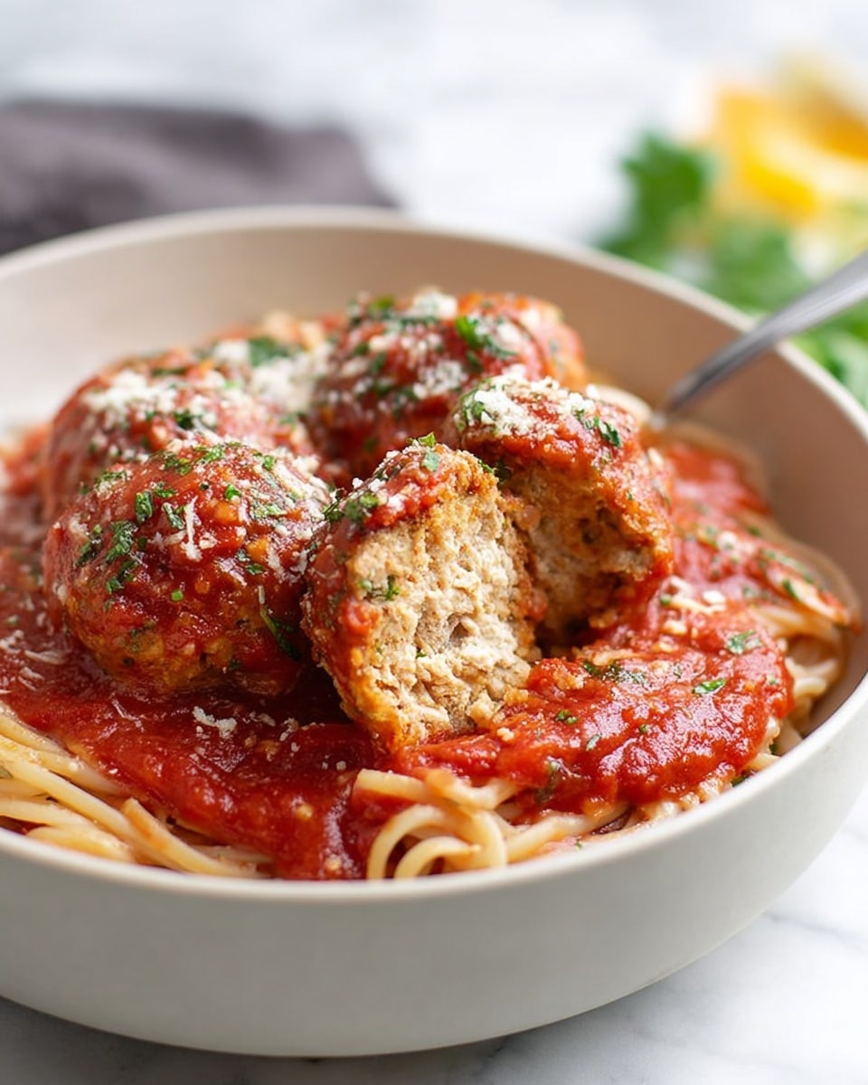 A large white bowl filled with a bed of thin, light brown spaghetti pasta at the bottom, covered with a thick red tomato sauce. On top of the sauce, there are three large, round meatballs with a rough texture, topped with finely chopped green herbs and a light sprinkle of grated white cheese. One meatball is cut in half revealing a moist, light beige inside with bits of green herbs. A silver fork rests next to the halved meatball, slightly pressing into it. The background shows a soft white marbled surface with some blurred green and yellow elements out of focus. Photo taken with an iphone --ar 4:5 --v 7