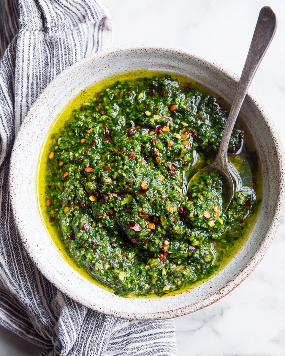 A white speckled bowl filled with a thick, vibrant green sauce with a slightly chunky texture sits on a white marbled surface. The sauce has visible bits of herbs and chili flakes sprinkled over the top, with glossy olive oil pooling around the edges. A silver spoon rests inside the bowl on the right side, partially submerged in the sauce. A striped cloth napkin with gray and white colors is draped next to the bowl on the left side. Photo taken with an iphone --ar 4:5 --v 7