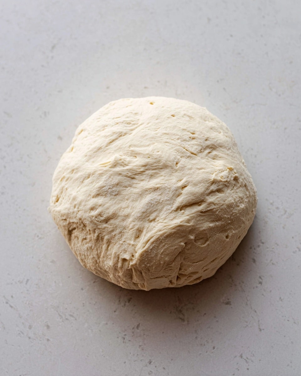 A round ball of raw dough with a light beige color sits alone on a white marbled surface. The dough looks soft with a slightly uneven texture and some small dimples. It is smooth on the top but has gentle folds and creases, showing it was recently shaped by a woman's hand. There are no other objects in the image, focusing fully on the single dough ball in natural light. Photo taken with an iphone --ar 4:5 --v 7