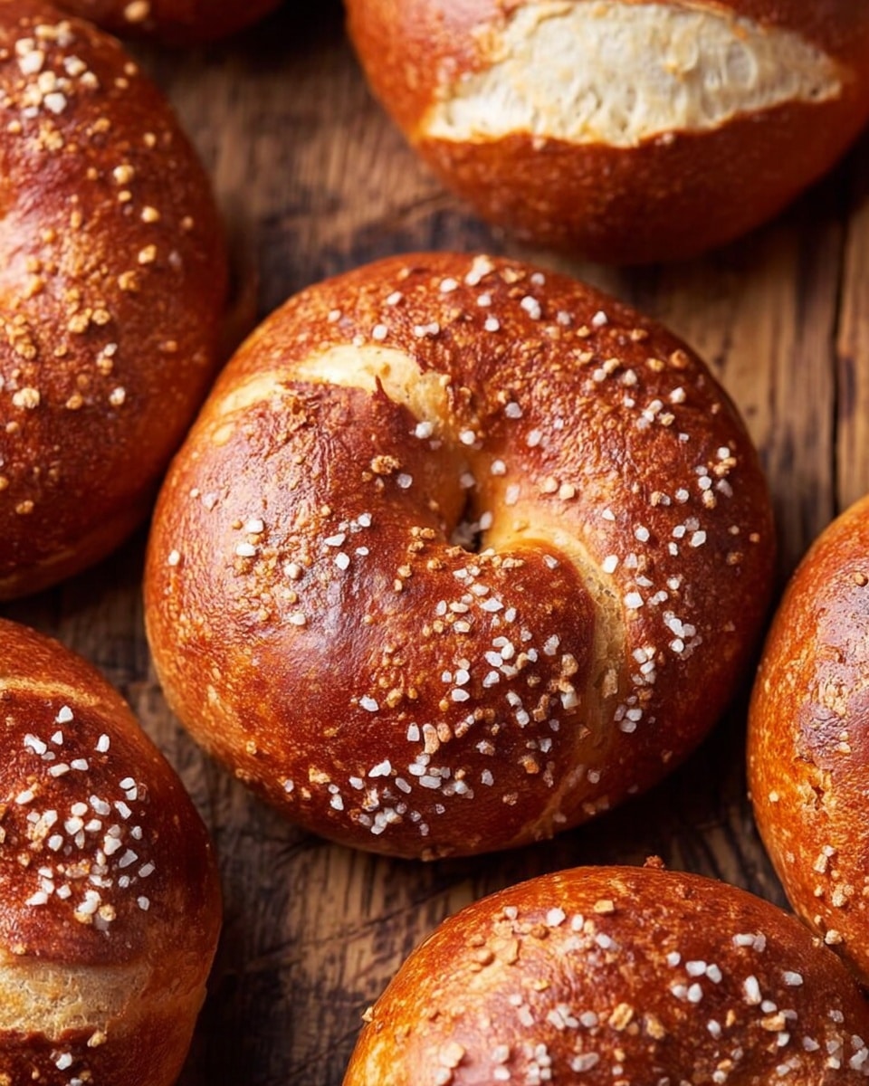 The image shows a close-up of several round, golden-brown pretzel bagels arranged on a rustic wooden surface. Each bagel has a shiny crust with coarse salt sprinkled unevenly over the top, and slight cracks reveal a soft, pale interior. The bagels are placed close to each other, filling most of the frame, with warm tones and a textured, baked appearance. Photo taken with an iphone --ar 4:5 --v 7