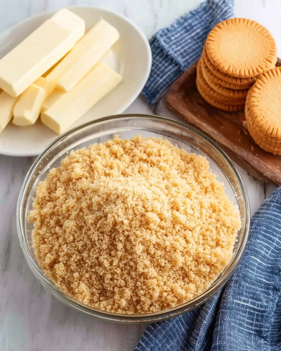 A clear glass bowl filled with light golden brown crumbly mixture, evenly spread out inside. Close to the bowl, on the left, is a white plate with four rectangular pale yellow sticks of butter, stacked together. On the right, there is a stack of round light brown cookies arranged in two slightly scattered piles, resting on a folded blue and white cloth. All items are placed on a white marbled surface. photo taken with an iphone --ar 4:5 --v 7