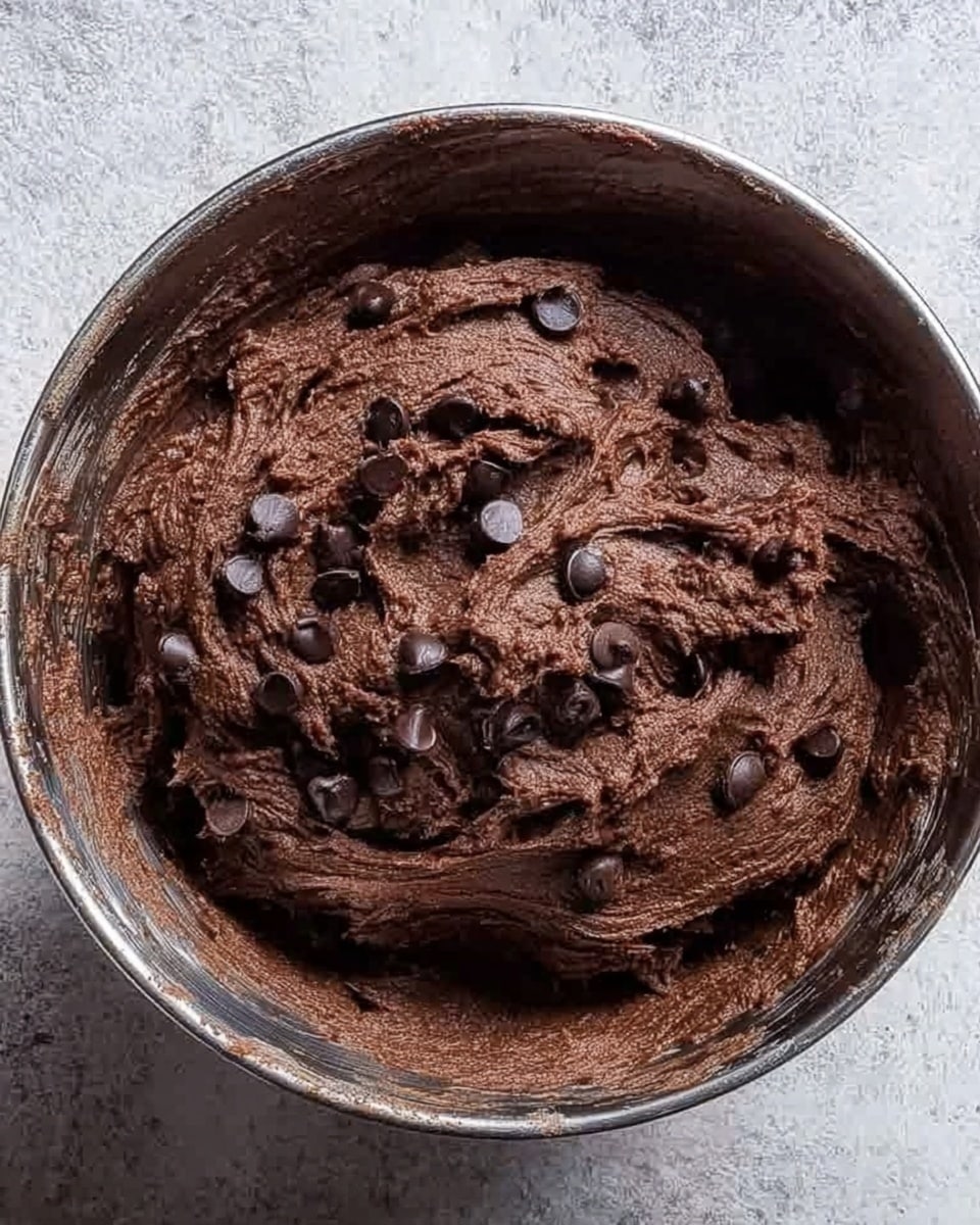A close-up view of a metal bowl filled with thick, dark brown chocolate dough that has a rough and slightly lumpy texture. Mixed into the dough are many shiny dark chocolate chips, scattered unevenly throughout. The bowl rests on a white marbled surface that adds subtle light tones in the background, contrasting with the deep color of the dough. The dough's surface shows some smooth and some rough spots, with folds and ridges creating a sense of depth and softness. photo taken with an iphone --ar 4:5 --v 7