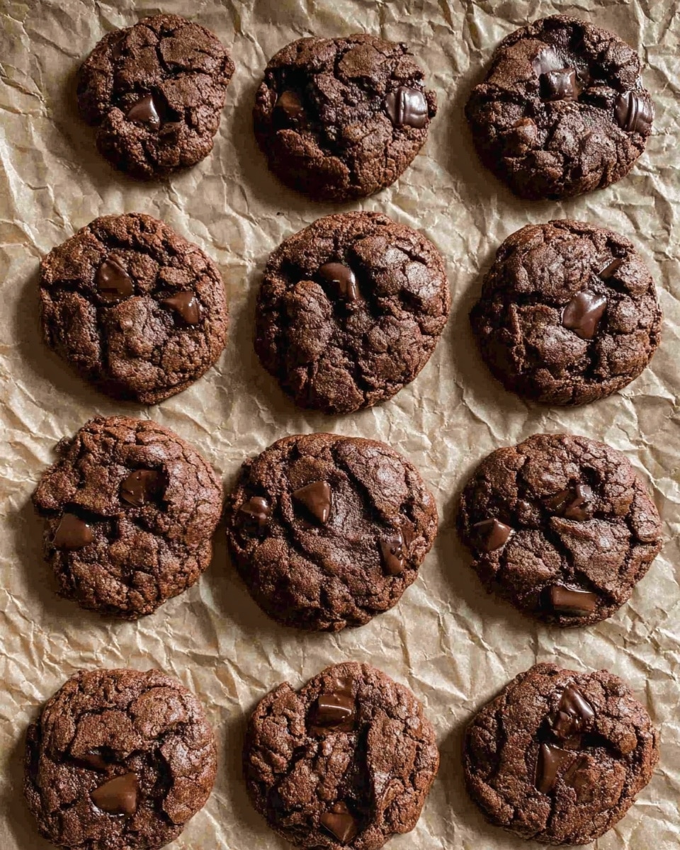 The image shows nine dark brown chocolate chip cookies placed in a loose grid on top of crinkled parchment paper. Each cookie has a cracked, textured surface with visible, scattered shiny black chocolate chips embedded on the top layer. The cookies are irregular in shape with rough edges and slightly different sizes. The parchment paper underneath is light beige with creases and folds, adding a rustic look. The light hits the cookies from the side, casting soft shadows and highlighting their texture. photo taken with an iphone --ar 4:5 --v 7