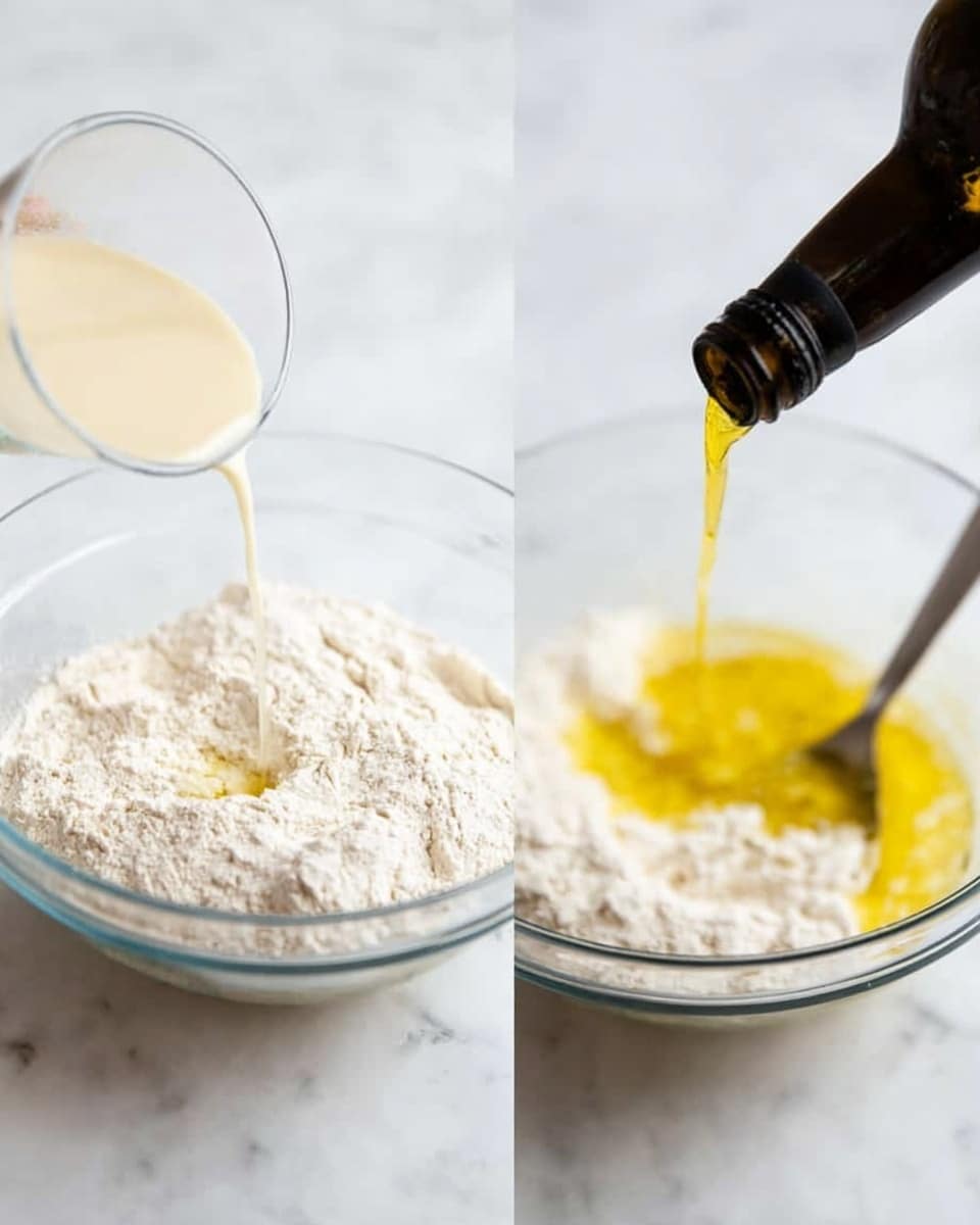 The left part of the image shows a close-up of a clear glass bowl with a thick white flour mixture inside, while a transparent glass cup held just above pours a creamy liquid into the bowl, softly frothing as it hits the flour. On the right side, the same clear bowl with the flour mixture now has a golden-yellow liquid being poured from a dark bottle, splashing on top, with a silver spoon resting inside the bowl mixing the ingredients. The whole scene is set on a white marbled surface. photo taken with an iphone --ar 4:5 --v 7