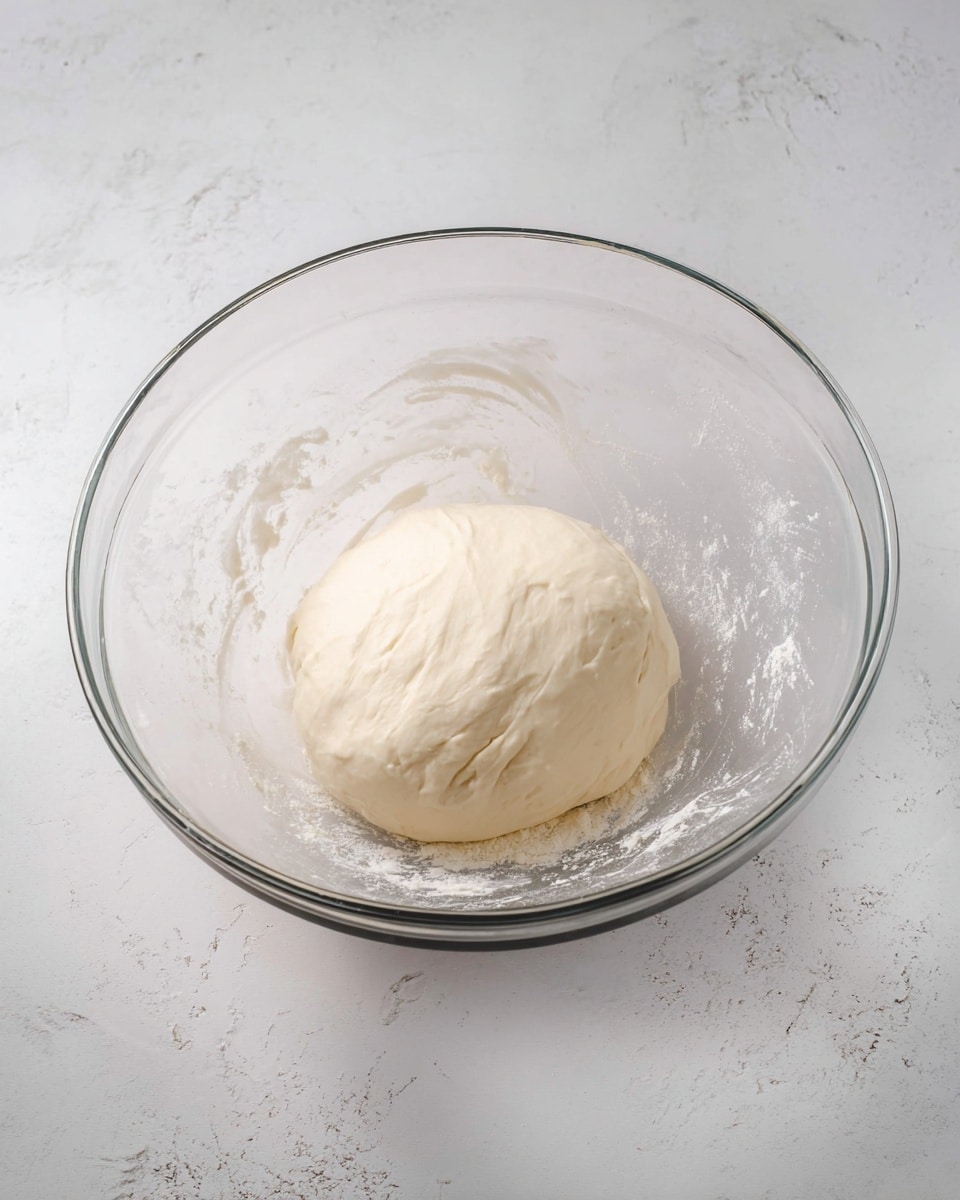 A clear glass bowl sits on a white marbled surface, holding a single smooth ball of white dough in the center. The dough has a soft and slightly shiny texture, with faint uneven folds on the surface. The bowl is large with transparent sides showing some flour dust around the dough, and the scene is lit with natural light, creating soft shadows inside the bowl photo taken with an iphone --ar 4:5 --v 7