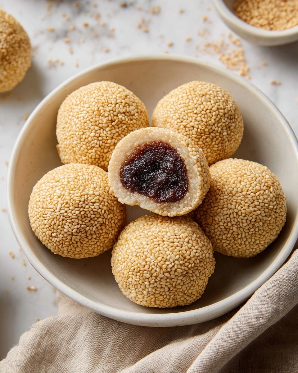 A white bowl filled with seven round sesame balls, each covered in a golden layer of sesame seeds creating a textured outer shell. One sesame ball is broken in half, showing a thick, dark brown filling inside, surrounded by a translucent, chewy layer beneath the sesame seed coating. The bowl sits on a white marbled surface with some sesame seeds scattered nearby. A beige cloth is partially visible under the bowl. Photo taken with an iphone --ar 4:5 --v 7