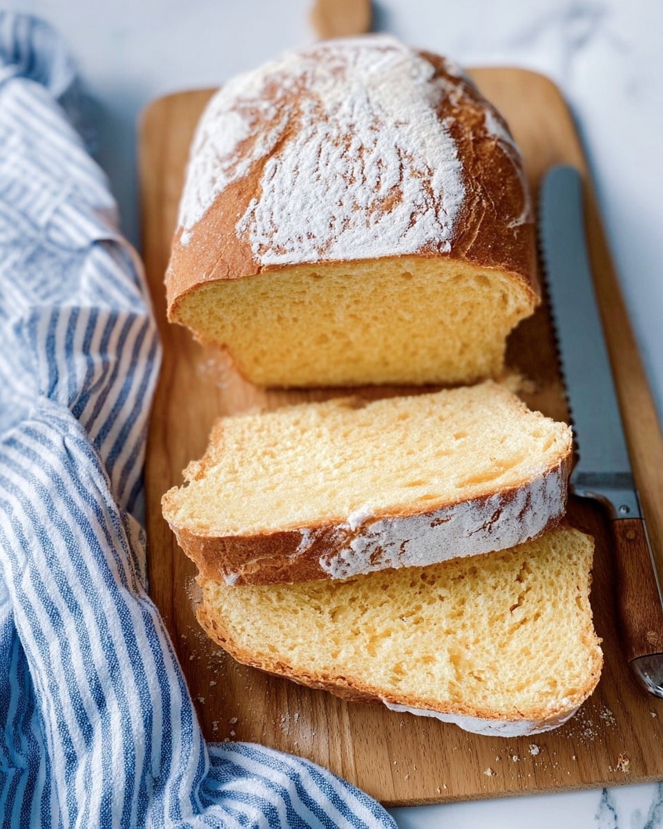 The image shows a loaf of bread on a wooden cutting board with three thick slices cut from it, stacked slightly overlapping each other towards the bottom. The bread has a rough, golden crust dusted with flour and a soft, yellowish inside texture that looks fluffy. To the right of the bread is a silver serrated knife resting on the cutting board. A blue and white striped cloth is partly visible at the bottom left corner, and the background is a white marbled surface. Photo taken with an iphone --ar 4:5 --v 7