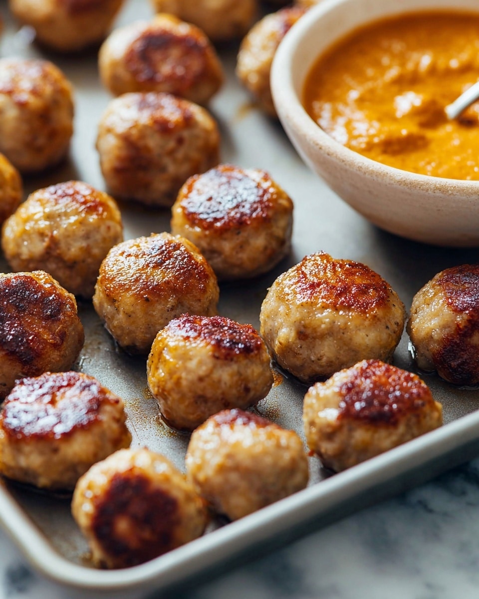 A close-up view of many small, round golden-brown meatballs with slightly shiny, crispy tops arranged on a gray cooking tray. There is a white bowl filled with thick orange sauce in the top right corner, partially visible with a spoon inside. The meatballs have a smooth texture with some browned spots, and they are spread unevenly, showing depth and a casual arrangement. The overall scene has soft, natural light and a white marbled texture background behind the tray photo taken with an iphone --ar 4:5 --v 7