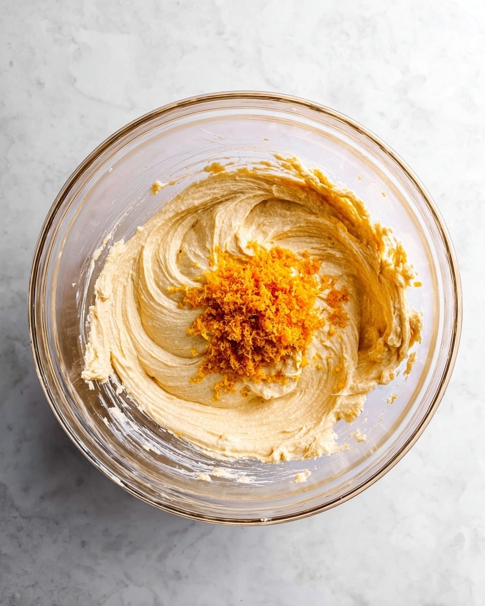 A clear glass bowl sits on a white marbled surface, filled with creamy light tan batter that has smooth, soft swirls. At the center of the batter is a small pile of finely grated bright orange zest, adding a pop of color against the muted tan. The batter edges cling to the inside of the bowl, showing texture from mixing. Photo taken with an iphone --ar 4:5 --v 7