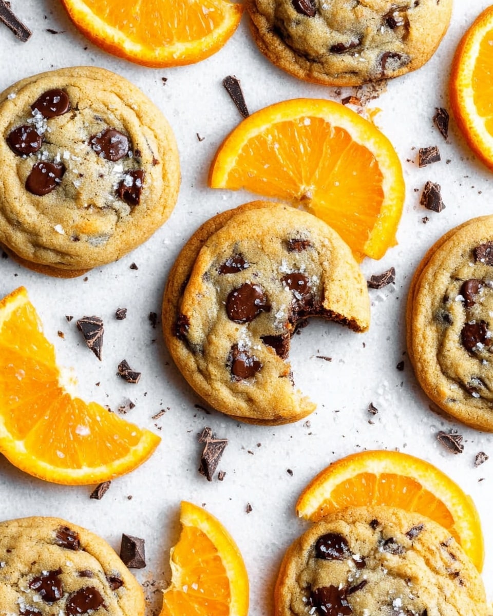 The image shows a white marbled surface with eight round chocolate chip cookies scattered around. One cookie near the center is broken, exposing soft, gooey chocolate chips inside. The cookies have a light golden-brown color with darker chocolate spots all over. Bright orange slices are placed among the cookies, adding a fresh contrast with their vibrant, juicy texture and bright orange color. Small pieces of chopped dark chocolate and tiny sugar crystals are spread around the surface, giving a slight sparkle and extra texture. photo taken with an iphone --ar 4:5 --v 7