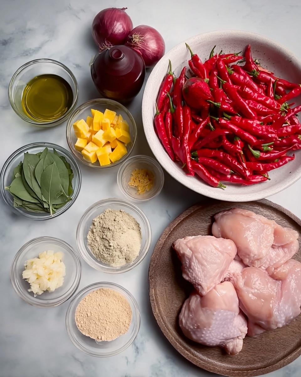 The image shows fresh raw chicken pieces placed side by side on a round wooden plate at the bottom right. Next to them, a large white bowl is filled with bright red chili peppers of different sizes and shapes. To the left, there is a set of clear glass bowls arranged in a loose cluster on a white marbled surface. One bowl contains green fresh leaves, another has small yellow cubes, and a third has a pale yellow paste. Below them, two smaller white bowls hold different crumbs in light brown and cream colors. In the top center, two red onions rest beside olive oil and a dark red sauce bottle. The whole scene is clean and set on a white marbled surface with soft lighting. Photo taken with an iphone --ar 4:5 --v 7