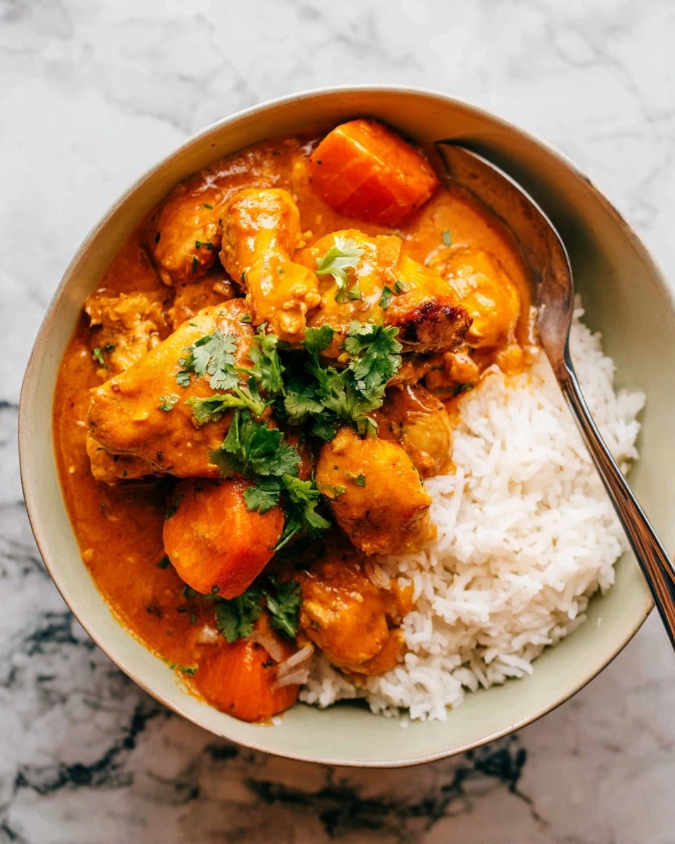 A white bowl holds a serving of white rice on the left half, with tender chicken pieces covered in thick orange curry sauce layered on the right half. The chicken chunks are mixed with cooked carrots and a few green cilantro leaves for garnish. A silver spoon is placed inside the bowl on the right side, close to the chicken. The bowl sits on a white marbled surface. photo taken with an iphone --ar 4:5 --v 7
