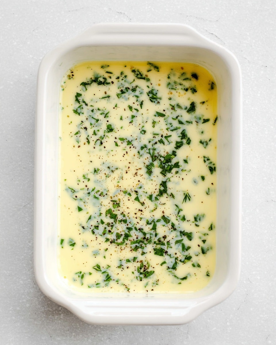 A white rectangular dish filled with a creamy pale yellow liquid layer that is mixed with small chopped green herbs spread evenly throughout. There are fine black pepper specks scattered on top, and the surface has small light bubbles. The dish is set on a white marbled texture surface. photo taken with an iphone --ar 4:5 --v 7