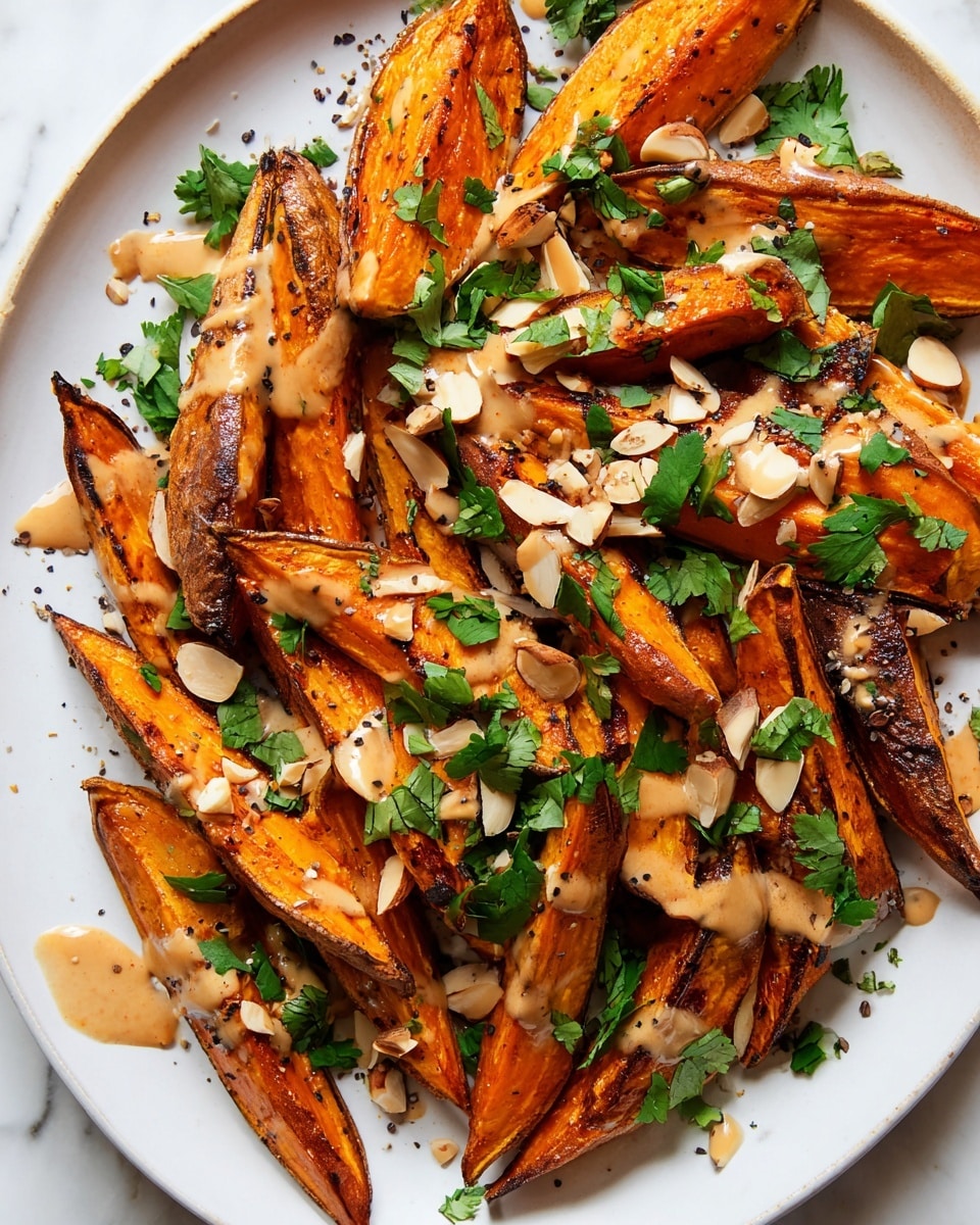 A white plate filled with about three layers of roasted sweet potato wedges arranged in a scattered way, their skins brown and edges slightly charred, showing soft orange centers; on top, there are dabs of creamy, light tan sauce spread unevenly. Small chopped almond pieces and fresh green cilantro leaves are spread over the wedges, along with black pepper specks adding texture. The whole dish sits on a white marbled texture surface. photo taken with an iphone --ar 4:5 --v 7