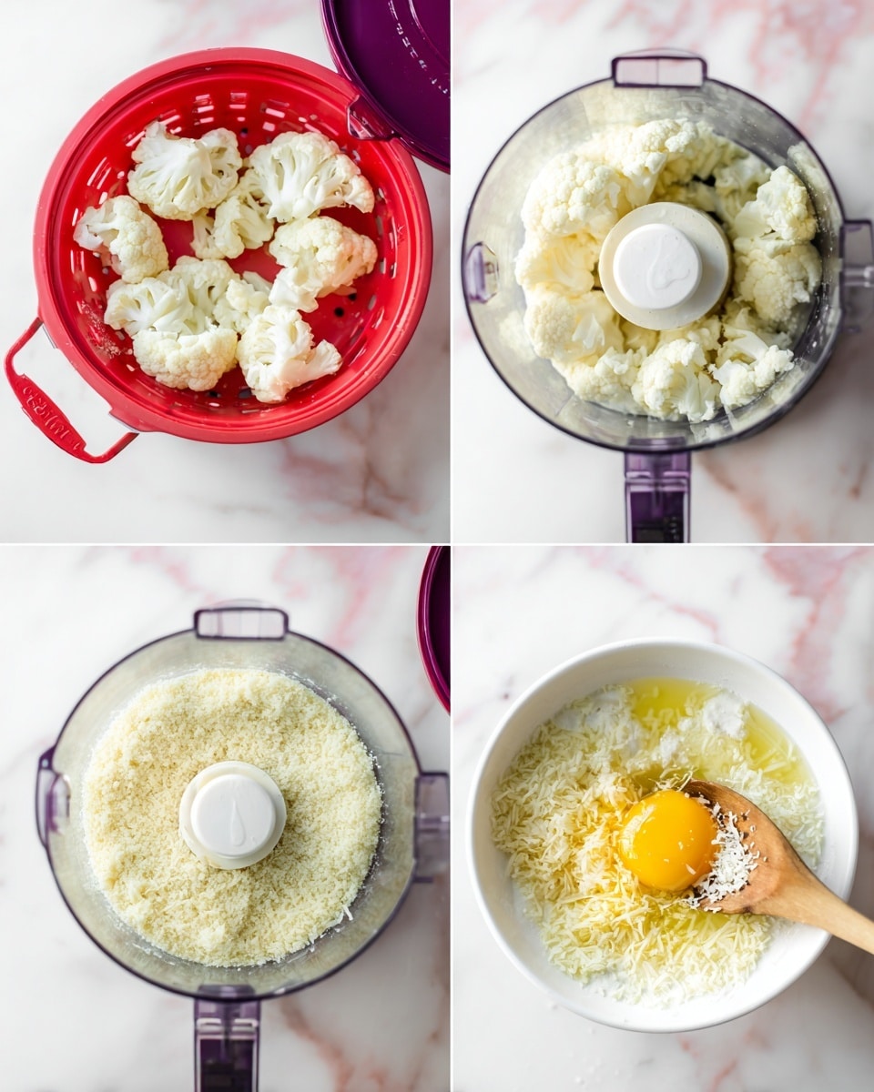 The image shows four steps of making cauliflower rice mixture. The top left has white cauliflower pieces in a red steamer basket with a purple pot underneath, all on a white marbled surface. The top right shows the white cauliflower pieces inside a clear food processor bowl with a white blade cover in the center. The bottom left shows finely ground cauliflower inside the same clear food processor with the white blade cover, giving a grainy texture. The bottom right shows a white bowl on the white marbled surface holding the cauliflower rice mixture with an egg yolk, grated cheese, and some salt on top, with a wooden spoon partially mixing it. photo taken with an iphone --ar 4:5 --v 7