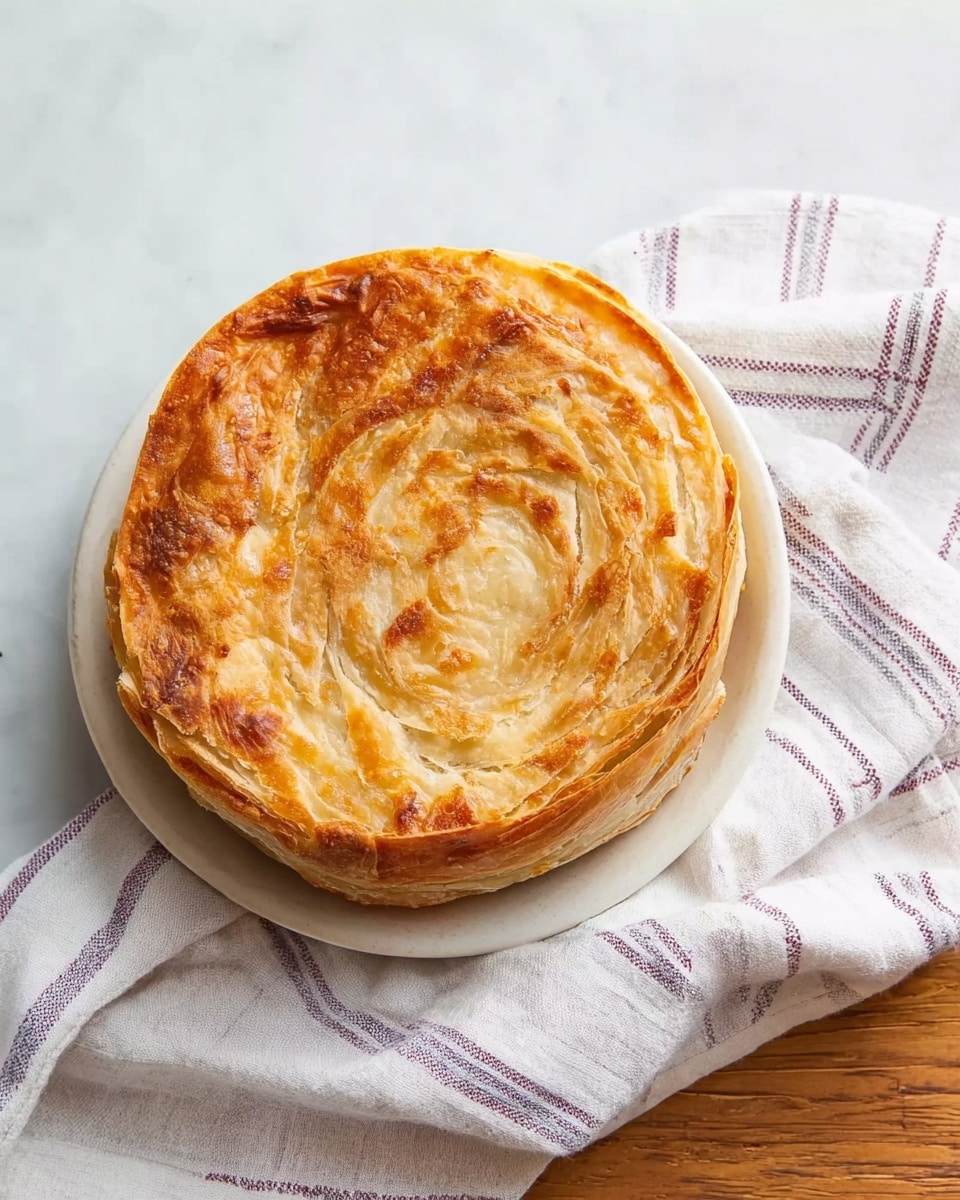 A stack of five round flatbreads is arranged on a white plate, each flatbread showing a golden brown and light cream layered texture with a slightly crispy and flaky surface. The layers are visible along the edges, showing thin, uneven folds that circle around each flatbread, creating a swirled pattern on top. The plate sits on a white marbled surface covered partially by a cloth with reddish stripes. The lighting softly highlights the warm, toasty colors of the flatbreads. Photo taken with an iphone --ar 4:5 --v 7