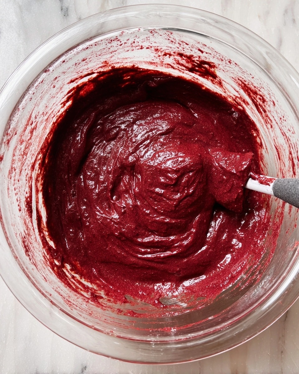 A clear glass bowl filled with a smooth, deep red batter mixture showing a glossy, thick texture with some uneven spots and swirls; the batter fills most of the bowl and clings slightly to the sides, with a flat stirring tool partially covered in the same batter resting in the center. The bowl is placed on a white marbled surface. photo taken with an iphone --ar 4:5 --v 7