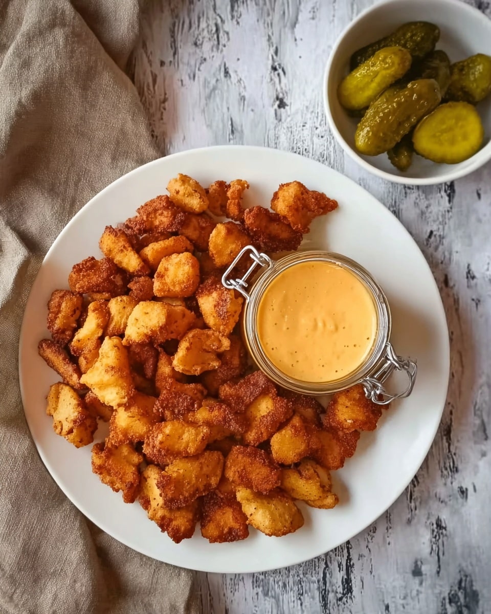 A white plate is filled with many small, crispy golden brown fried pieces arranged closely together, with some darker edges showing crunchiness. In the middle of the plate is a small glass jar with an orange creamy sauce, with an open metal clasp on its side. To the top right of the plate is a white small bowl holding three whole pickles. The background surface is a white marbled texture, and part of a beige cloth is placed on the upper left side. Photo taken with an iphone --ar 4:5 --v 7