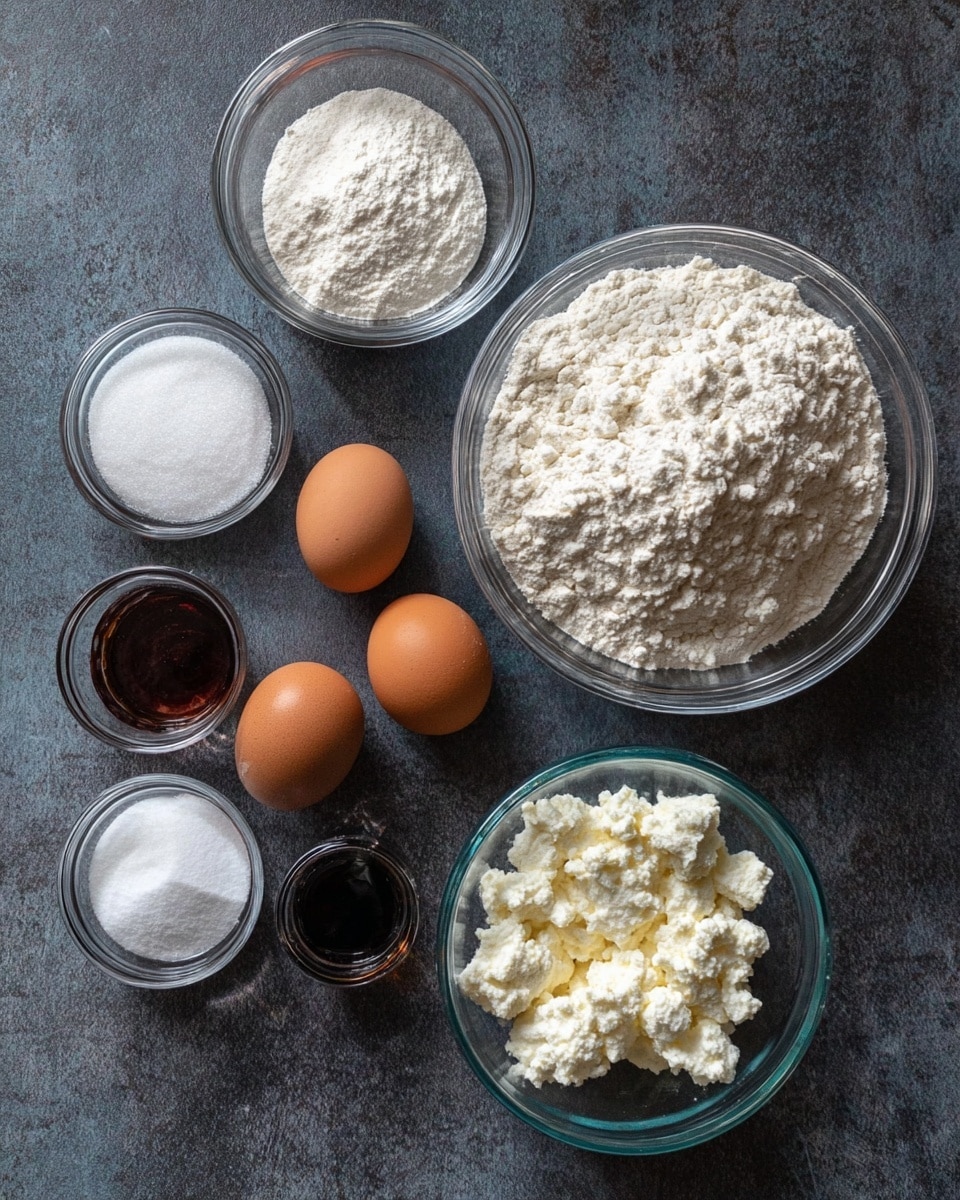 The image shows a collection of baking ingredients arranged on a dark surface, with a large glass bowl filled with white flour on the top right. Below it to the left is a medium glass bowl full of white cottage cheese with a grainy texture. Around the bowls are three brown eggs in the center, and below them is one lighter brown egg next to a small dark bottle of vanilla extract. To the left near the eggs are two small glass bowls, one filled with white sugar, the other with white baking soda, and above them is another small glass bowl with a white powder, likely baking powder. Photo taken with an iphone --ar 4:5 --v 7