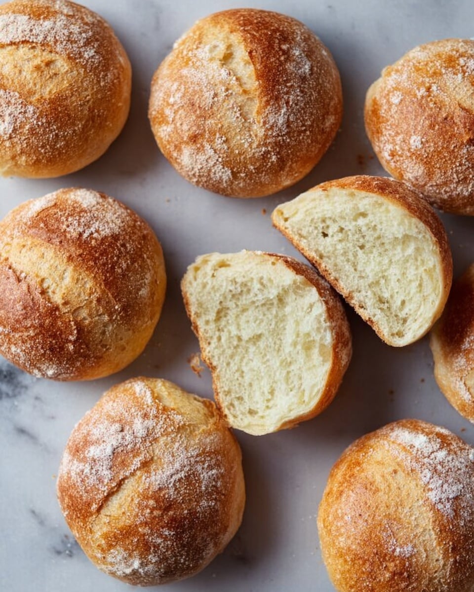 The image shows eight round bread rolls with a light brown crust and a dusting of flour on top, placed on a white marbled surface. One roll is broken in half, revealing a soft, light yellow inside with a fluffy texture. The rolls have a slightly cracked and textured top layer, showing their freshly baked nature. The arrangement is casual, scattered around the surface with some rolls closer together and others farther apart. Photo taken with an iphone --ar 4:5 --v 7