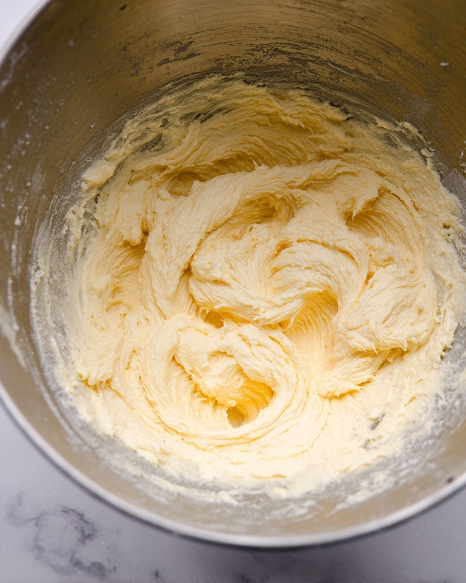 A close-up view inside a metal mixing bowl shows a creamy pale yellow mixture with a soft, fluffy texture. The mixture is spread unevenly around the sides and center of the bowl, creating a sense of volume and lightness with swirls and soft peaks visible. The metal bowl has a slightly scratched surface and a reflective sheen. The image is set against a white marbled texture. photo taken with an iphone --ar 4:5 --v 7