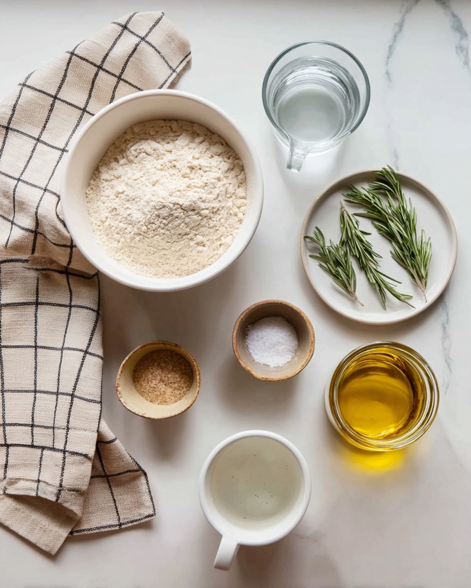 The image shows a top view of six small containers with baking ingredients placed on a white marbled surface. On the left is a large white bowl filled with light beige flour, next to it is a folded beige and black checkered cloth. On the right, there is a white cup of clear water, a small clear glass of water, a small white plate with two green rosemary sprigs and salt, a tiny white bowl with a light brown powder, a small brown bowl filled with coarse salt, and a glass jar with golden olive oil. The arrangement is simple and spaced evenly, giving a clean and organized feel photo taken with an iphone --ar 4:5 --v 7