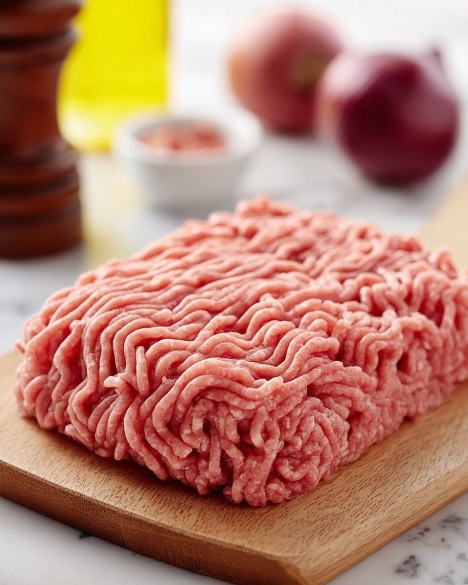 A block of fresh raw ground meat with a pinkish-red color and a soft, stringy texture sits centered on a light brown wooden board. The strands of the ground meat are tightly packed in a rectangular shape with slight curves and folds on the surface. Behind the board, there are blurred objects including a brown pepper grinder, a small white dish with red sauce, a yellow oil bottle, and a dark red onion, all placed on a white marbled surface. photo taken with an iphone --ar 4:5 --v 7