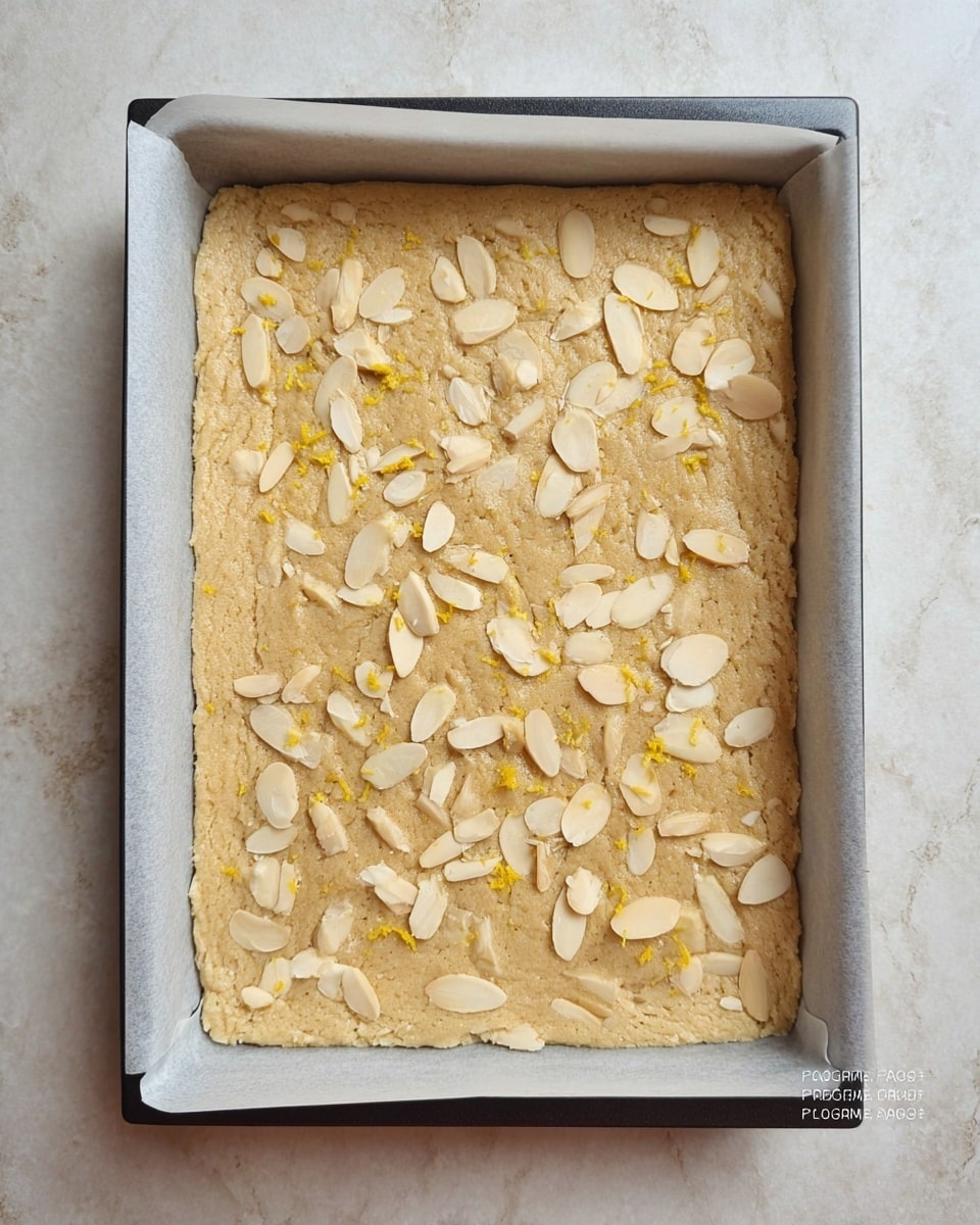 A rectangular baking tray lined with white parchment paper holds one thick, even layer of light beige dough, which has a slightly grainy texture. Scattered across the top are thin, pale cream almond slices and small flecks of bright yellow lemon zest. The tray is sitting on a white marbled surface. photo taken with an iphone --ar 4:5 --v 7