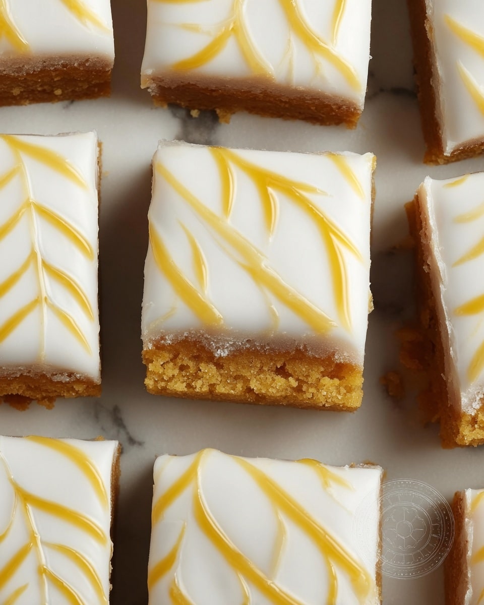 The image shows a close-up view of several square dessert bars arranged neatly on a white marbled surface. Each bar has two visible layers: a thick, golden brown base layer with a soft, crumbly texture, and a smooth, white top layer of icing. The top icing is decorated with thin, yellow lines creating a delicate, symmetrical feather-like pattern across each bar. The edges of some bars are slightly uneven, showing the soft texture underneath the icing. The bars are placed in a close grid, revealing multiple pieces in full or partial view. photo taken with an iphone --ar 4:5 --v 7