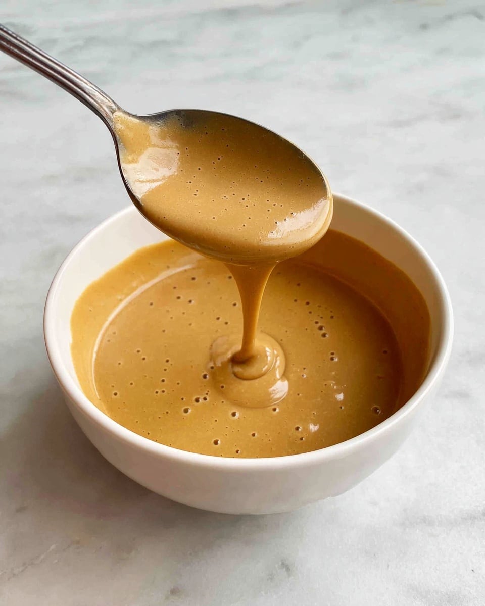 A close-up view of creamy, light brown sauce with small bubbles and a smooth texture inside a white bowl. The sauce is thick but flowing slowly off a silver spoon held above the bowl, with the sauce dripping back into the bowl. The bowl is placed on a white marbled surface, making the colors of the sauce stand out clearly. Photo taken with an iphone --ar 4:5 --v 7