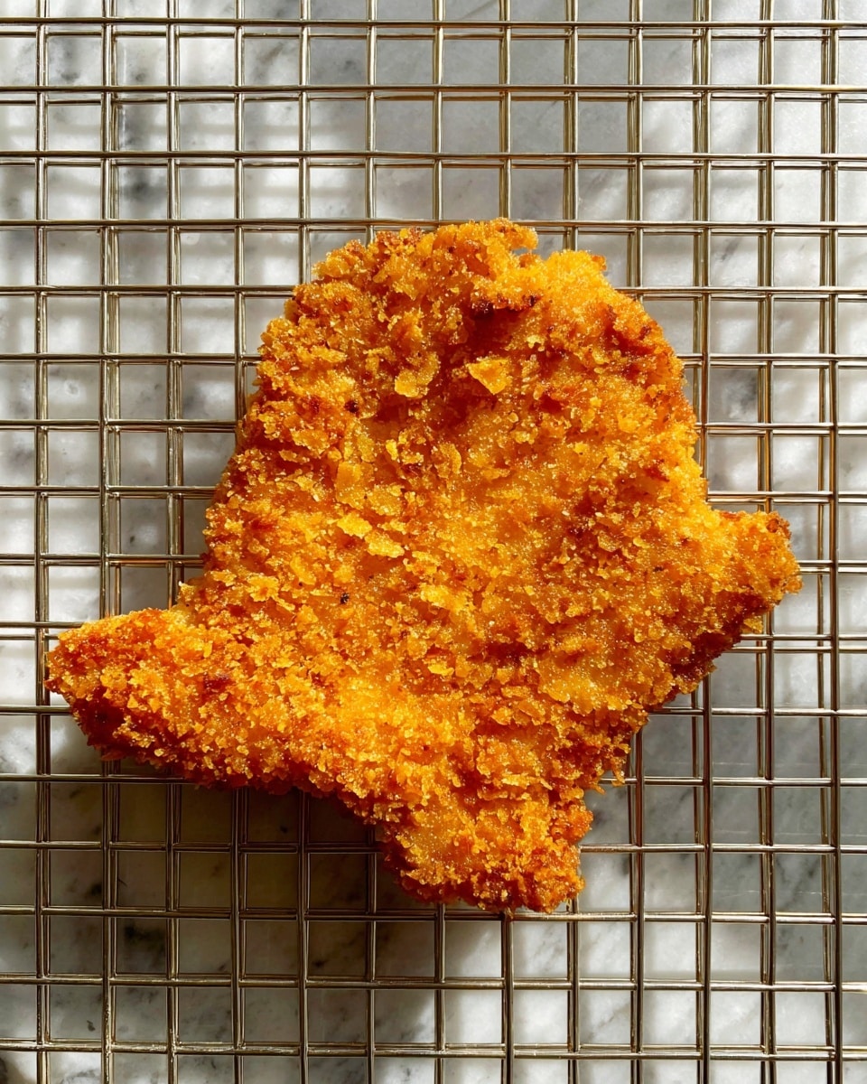 A single piece of fried food with a rough, crunchy texture and a golden-brown color sits on a silver wire cooling rack. The piece has an irregular shape with small, crisp flakes all over its surface, showing a deep golden orange shade. The wire rack allows the food to rest above a white marbled background, showing light and shadows that add to the crunchy look of the fried coating. Photo taken with an iphone --ar 4:5 --v 7