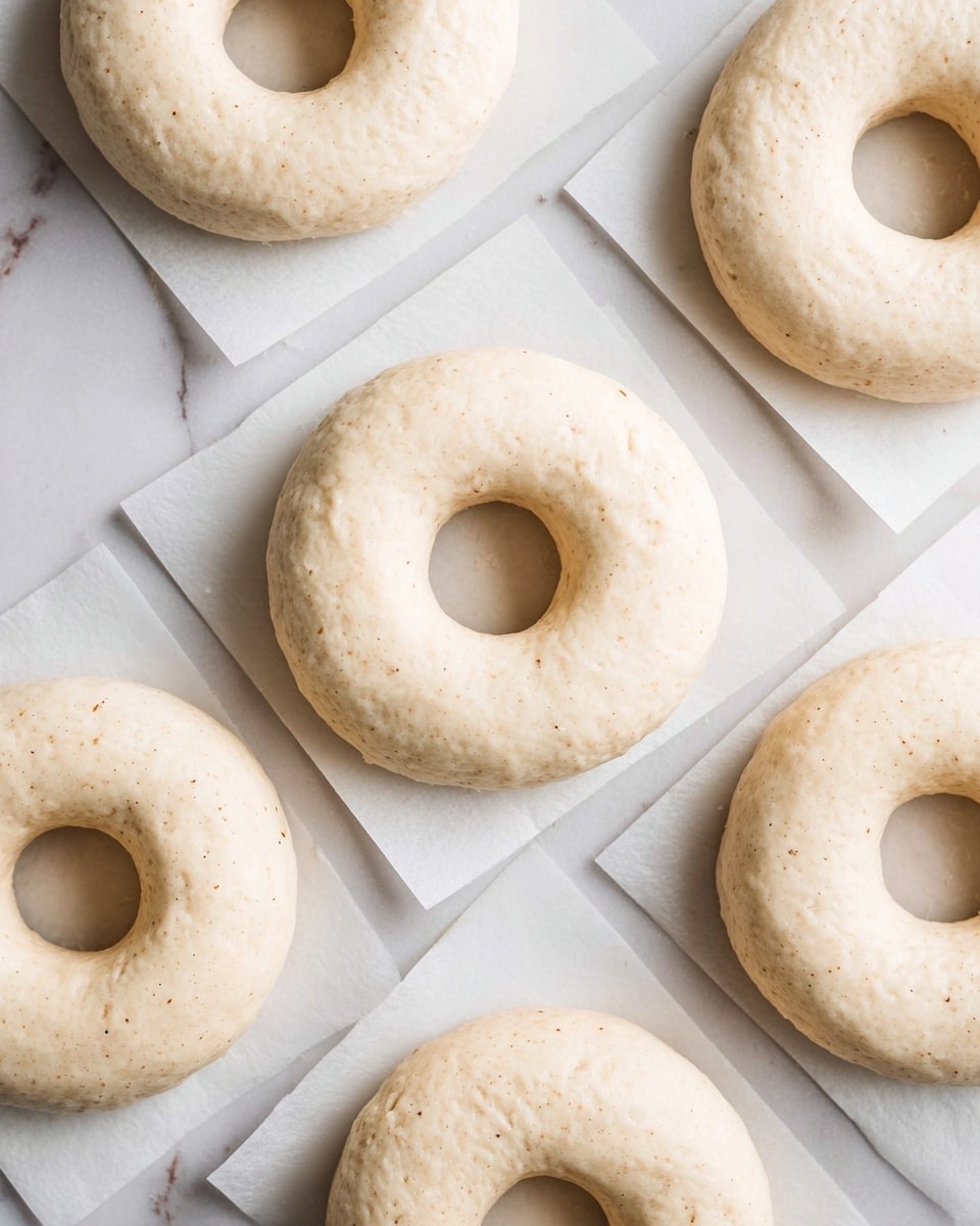 The image shows six round dough pieces with a hole in the center, arranged on separate square sheets of white parchment paper. Each dough piece is pale beige with a smooth, slightly puffy texture and a few tiny brown specks, indicating some seasoning or vanilla. The dough circles are evenly spaced on a white marbled surface that adds a clean, bright background. The dough looks soft and slightly risen, ready for baking. Photo taken with an iphone --ar 4:5 --v 7