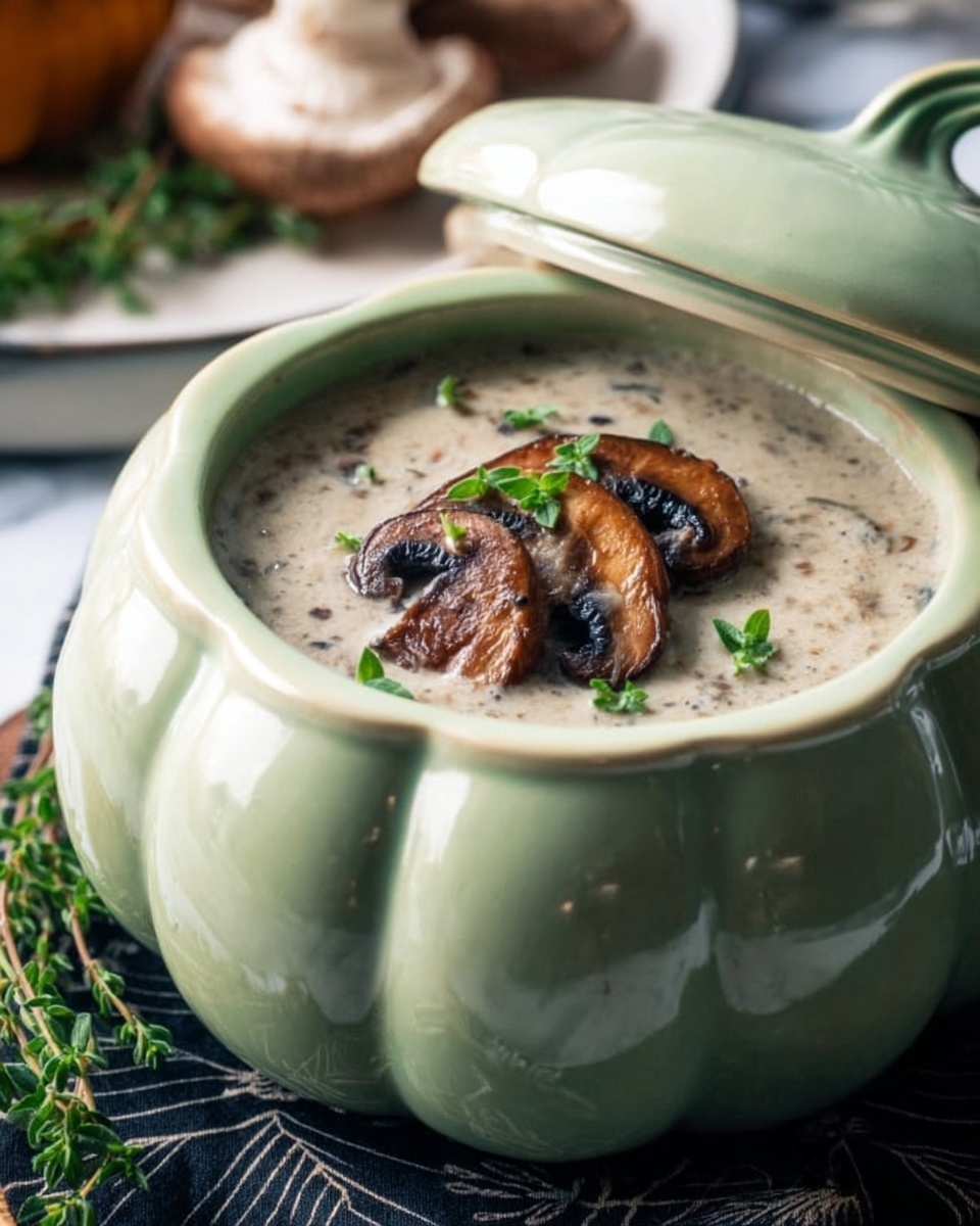 A light green pumpkin-shaped bowl filled with creamy mushroom soup, showing small bits of mushrooms inside the thick, light grayish soup. On top, three browned mushroom slices and a few small green fresh herb sprigs rest, adding texture and color. The bowl is placed on a dark cloth with a subtle pattern, and fresh green herbs lay nearby on a white marbled surface. The bowl’s rounded lid leans against it, matching in color and shape. Photo taken with an iphone --ar 4:5 --v 7