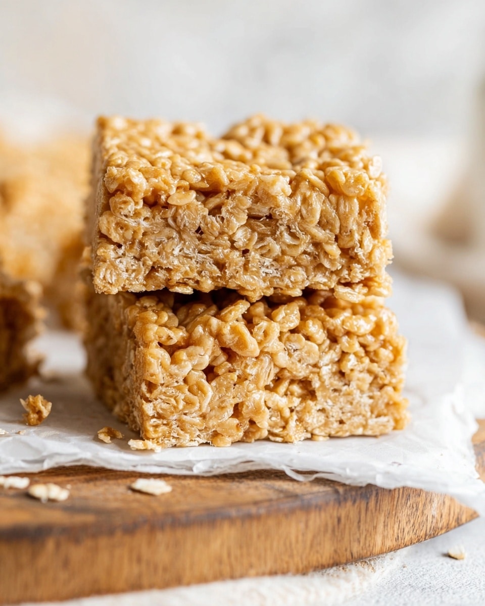The image shows a close-up of two square granola bars stacked on top of each other. Each bar is made of tightly packed oats that are light golden brown with a slightly shiny, sticky glaze. The oat grains create a rough, crumbly texture with some small crumbs falling around the bars. The bars rest on a round wooden board with a white cloth underneath. The background has a soft white marbled texture, giving a clean and bright look. photo taken with an iphone --ar 4:5 --v 7