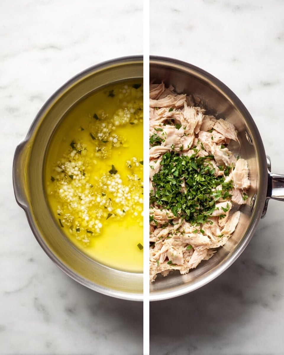 A two-part image showing a shiny stainless steel saucepan on a white marbled surface. In the left part, the pan contains melted yellow butter with small white bits, giving a smooth, glossy texture. In the right part, the same pan now has shredded light beige cooked chicken pieces with chopped bright green herbs mixed in, sitting on the butter. The chicken appears soft and moist, and the herbs are fresh and finely cut, placed mostly in the center of the pan. Photo taken with an iphone --ar 4:5 --v 7