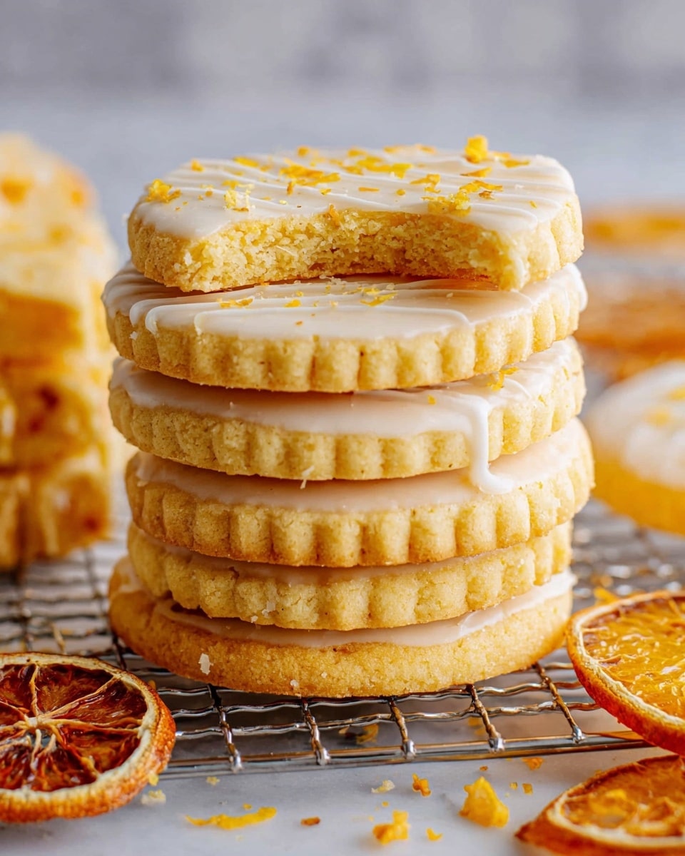 A stack of five round cookies is shown, each cookie having a golden-yellow color with a slightly crumbly texture and a scalloped edge. Each cookie is coated with a thin layer of white icing that looks smooth and glossy, with some icing dripping down the sides. The top cookie has a bite taken out of it and is decorated with white icing drizzled in lines and small orange zest sprinkles. Around the stack, dried orange slices and small bits of orange zest are scattered on a metal wire rack, all placed on a white marbled surface. photo taken with an iphone --ar 4:5 --v 7