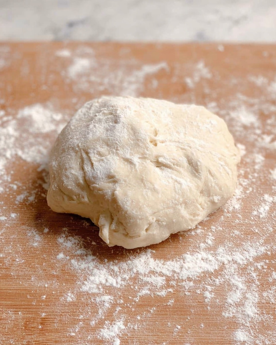 A small, round lump of dough sits on a light brown wooden surface sprinkled with white flour. The dough is pale cream in color, with a slightly rough and soft texture showing some folds and creases. The surface is mostly flat but uneven, with extra flour dusted around the dough. The background is a white marbled texture. photo taken with an iphone --ar 4:5 --v 7