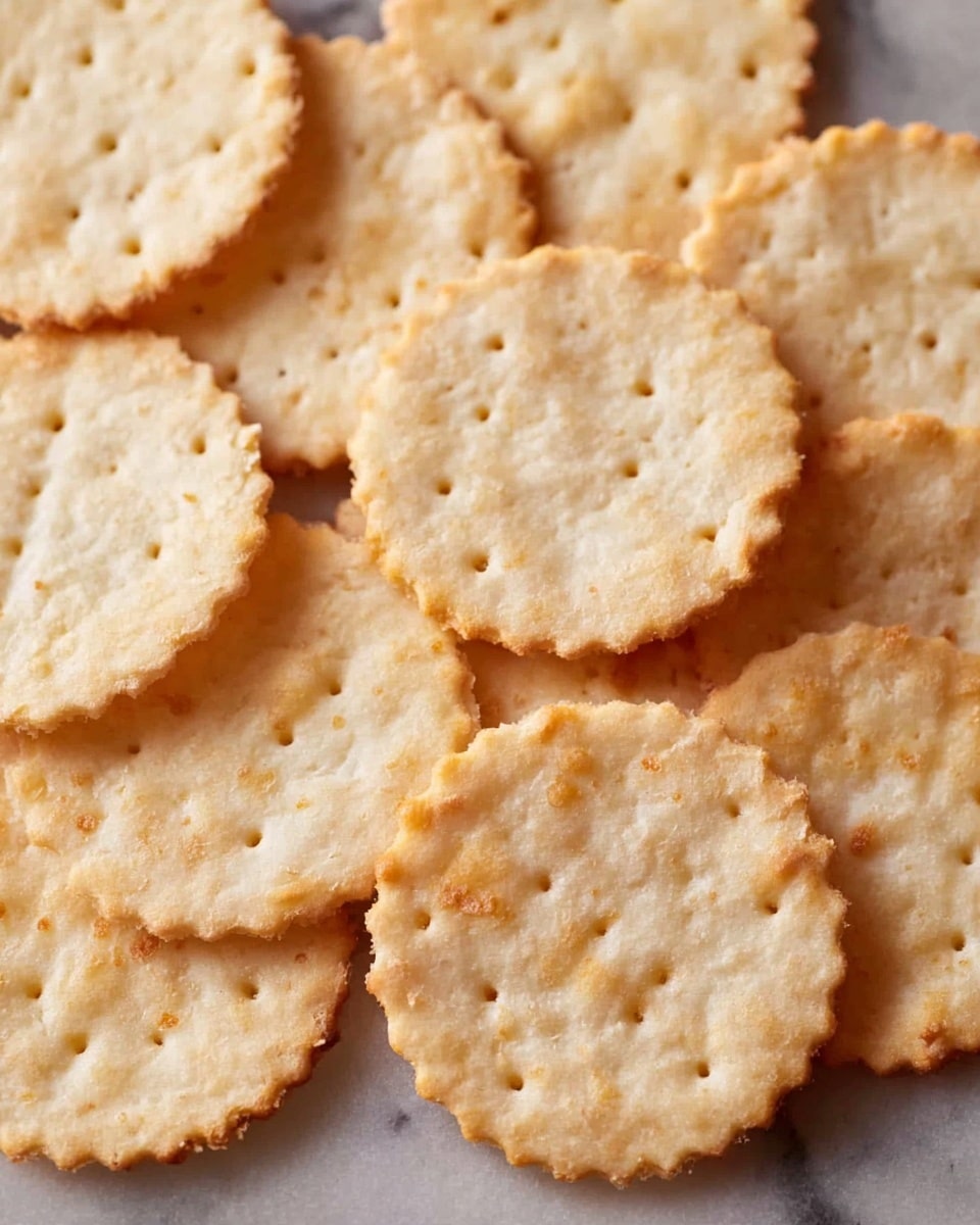 A group of round crackers with scalloped edges are spread out closely together on a white marbled surface. They have a light beige color with slight golden brown spots, giving them a baked look. The crackers have a slightly bumpy texture and small holes dotted across their tops, showing they are thin and crunchy. The light reflection on their surface shows they are dry and crisp. photo taken with an iphone --ar 4:5 --v 7