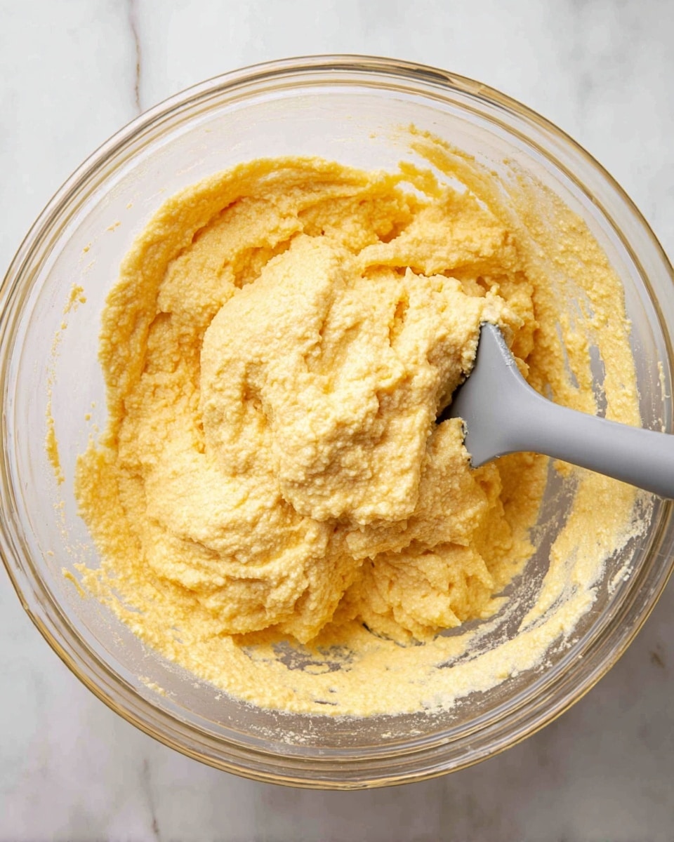 A clear glass bowl contains a thick, grainy yellow batter with a slightly rough texture. A gray spatula is partially submerged in the batter, lifting a scoop with some batter dripping back into the bowl. The bowl sits on a white marbled surface, and bits of batter cling to the inside edges of the bowl. The overall look is of a creamy, coarse mixture ready to be used. Photo taken with an iphone --ar 4:5 --v 7