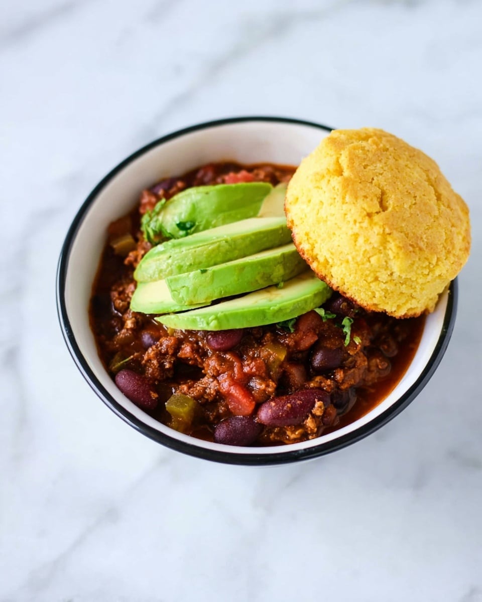 A white bowl with a black rim holds a rich layer of dark reddish-brown chili with visible chunks of tomatoes, beans, and green vegetables. On top of the chili, there are three bright green slices of avocado placed slightly overlapping in the center. Resting on the bowl's edge is a round, golden-yellow cornbread muffin with a crumbly texture. The bowl is placed on a white marbled surface. photo taken with an iphone --ar 4:5 --v 7