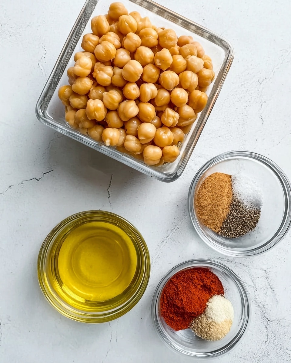The image shows a top view of three clear glass containers on a white marbled surface. The top container holds a single layer of light tan chickpeas, filling the space evenly. Below to the left, there is a small glass bowl filled with yellow olive oil, smooth and shiny. To the right, another small clear bowl contains several spices layered side by side: white salt, black pepper, reddish paprika, and light brown garlic powder, each distinctly separate. photo taken with an iphone --ar 4:5 --v 7