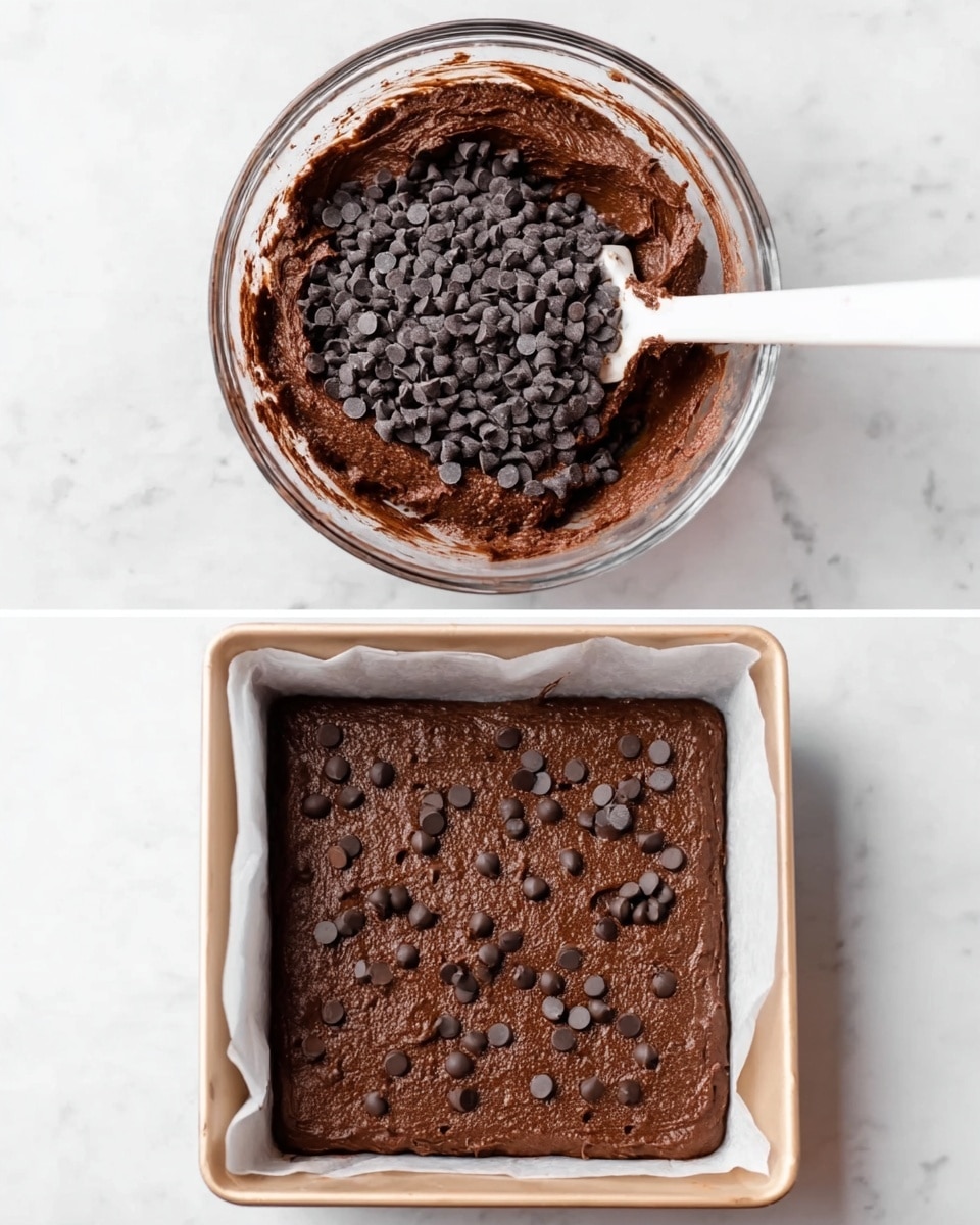 The first image shows a clear glass bowl filled with thick, dark brown chocolate batter. On top of the batter, there is a pile of small, dark chocolate chips. A white spatula is partially inserted into the batter on the right side of the bowl. The second image shows a square white baking pan lined with parchment paper. Inside the pan is the same dark brown chocolate batter spread evenly across the bottom, with chocolate chips scattered on top. Both images have a white marbled surface background. photo taken with an iphone --ar 4:5 --v 7