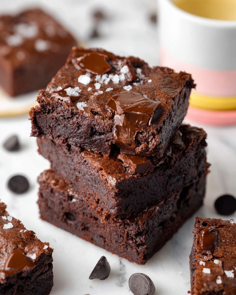 A close-up of a stack of three thick chocolate brownies on a white marbled surface. Each brownie has a rich, dark brown color with a slightly cracked texture on top. Melted chocolate chunks are scattered on the top and inside the brownies, giving a glossy, smooth look on parts of the surface. There are flakes of white sea salt sprinkled over the top brownie, adding a contrast in color. Around the stack, there are more brownie pieces and dark chocolate chips placed loosely. In the background, a white cup sits on a set of round coasters in soft yellow, pink, and white, all on a white marbled surface. photo taken with an iphone --ar 4:5 --v 7