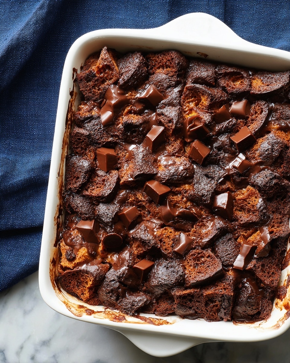 A white baking dish filled with a rich chocolate bread pudding. The top layer is made of dark brown, soft bread pieces soaked in chocolate sauce, unevenly puffed up with a slightly shiny texture. Scattered across the surface are small chunks of melted chocolate adding a glossy contrast to the matte bread. The dish rests on a white marbled surface covered partially with a dark blue fabric underneath. The edges of the baking dish have faint chocolate stains, showing it was freshly baked. Photo taken with an iphone --ar 4:5 --v 7