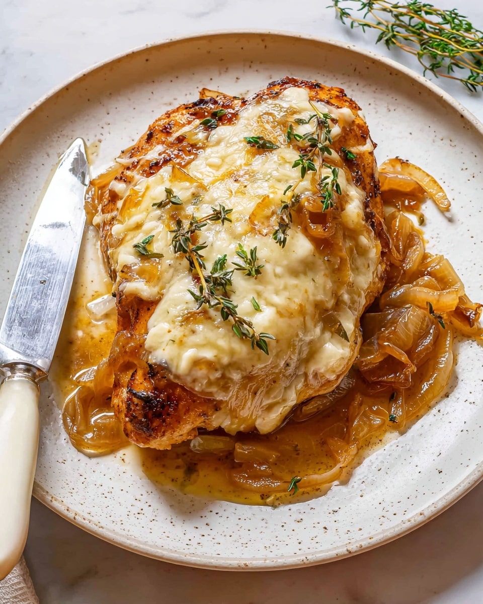 A large, golden-brown cooked chicken piece sits at the center of a white plate with light speckles, topped with melted white cheese that has browned slightly on top. Surrounding the chicken is a generous layer of soft, cooked caramelized onions in a glossy light brown sauce. Fresh green sprigs of thyme are scattered over the cheese and onions, adding a touch of color. On the left edge of the plate, there is a white-handled steak knife positioned with its blade resting on the plate. The plate is placed on a white marbled surface. photo taken with an iphone --ar 4:5 --v 7