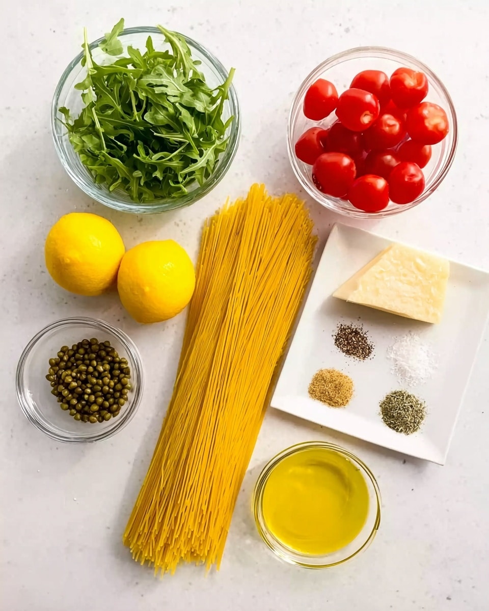 The image shows raw ingredients arranged on a white marbled surface. In the middle lies a long bundle of uncooked yellow spaghetti pasta. To the left of the pasta, there are two whole yellow lemons, a small glass bowl filled with green capers, and a wedge of pale yellow cheese. Above the pasta, two glass bowls hold fresh green arugula leaves and bright red cherry tomatoes. On the right, a white square plate displays four small piles of seasonings: coarse salt, black pepper, dried herbs, and a light yellow powder. Below the plate is a glass bowl filled with golden olive oil. The setup is clean and bright, hinting at fresh and simple ingredients for a pasta dish. photo taken with an iphone --ar 4:5 --v 7