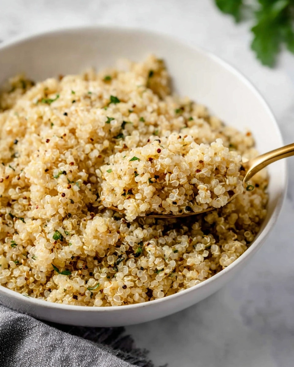 A large white bowl filled with cooked quinoa grains sprinkled with small green herb pieces and a few black pepper flakes, creating a mildly speckled look; the quinoa is light beige with a fluffy texture, and a gold spoon lifts a scoop of the quinoa from the bowl, showing the separate round grains closely packed together. The background is a white marbled texture with a soft blur of green leaves in the distance and a gray cloth peeking from the lower left corner photo taken with an iphone --ar 4:5 --v 7