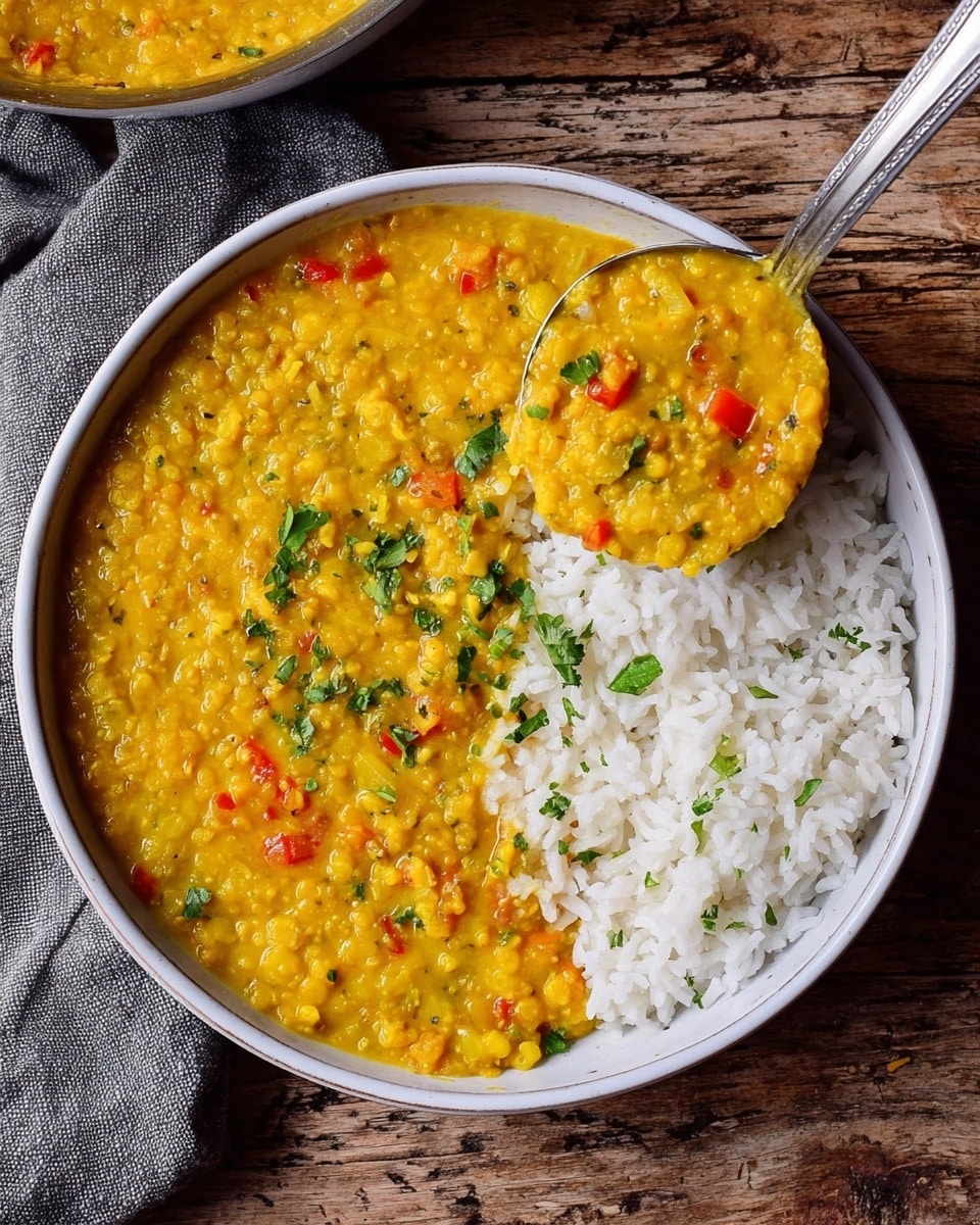 A white bowl filled with two main layers: on the left, a thick yellow lentil stew with visible red bell pepper pieces and small green herb bits sprinkled on top, creating a textured, hearty look; on the right, steamed white rice with a few green herbs scattered over it, offering a smooth, fluffy contrast. A silver ladle holding some lentil stew is positioned above the bowl, casting a slight shadow. The bowl sits on a rough wooden surface with a folded gray cloth nearby. photo taken with an iphone --ar 4:5 --v 7