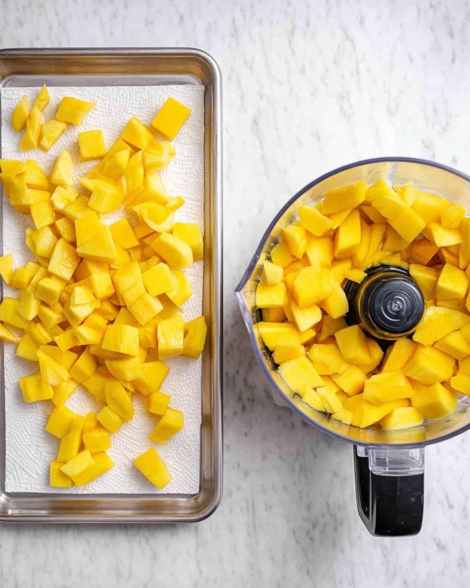 The image shows two sections side by side on a white marbled surface. On the left, there is a silver tray lined with white paper holding small, evenly cut yellow fruit pieces, spread out with some pieces near the edges. On the right, a clear food processor bowl filled to the top with bigger chunks of the same yellow fruit is visible, showing a bright and fresh texture, with a black handle attached. Photo taken with an iphone --ar 4:5 --v 7